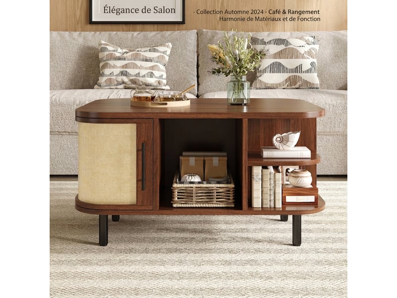  Table basse noyer forme incurvée avec rangement 80x60 cm  - Conforama E