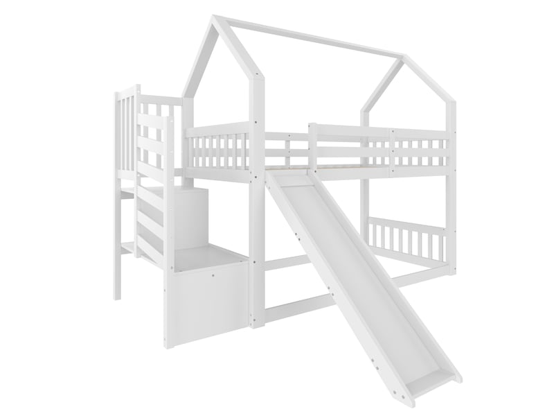  Lit superposé enfant blanc 90 × 200 cm, style maison, escalier avec rangement et toboggan  - Conforama E