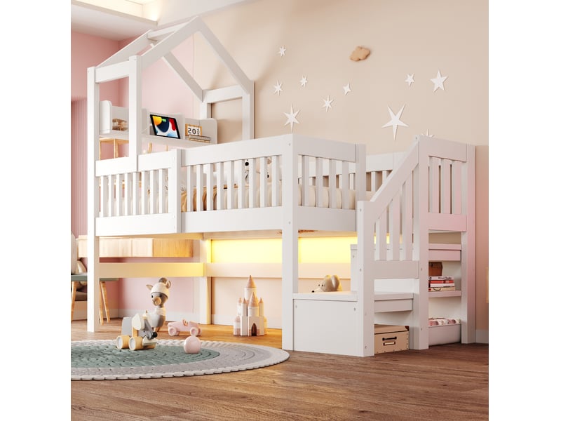 Lit mezzanine enfant 90x200 cm avec rangement, éclairage et port usb,coloris blanc - Conforama B