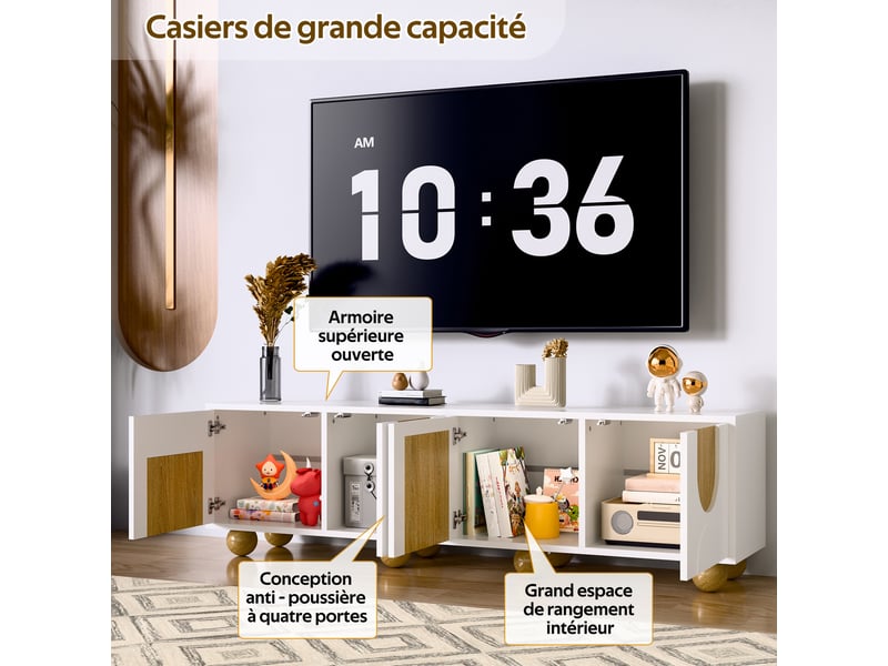  Meuble tv 4 portes, structure basse, design vintage veinage bois, naturel et blanc, 175 x 38 x 50 cm  - Conforama D