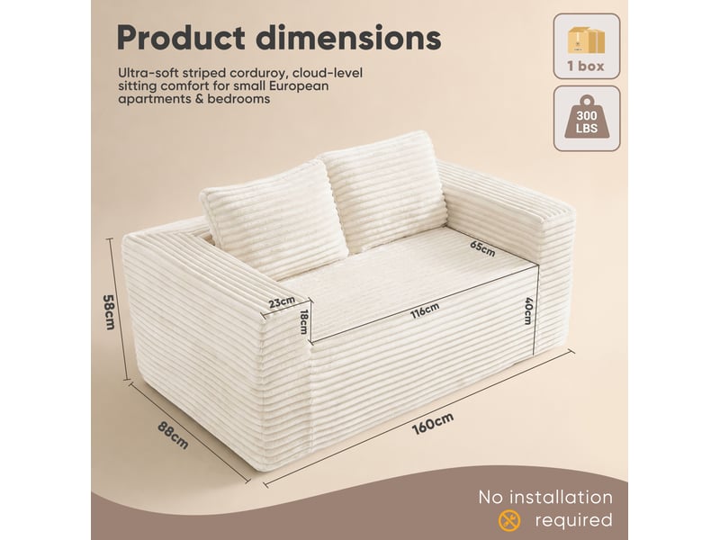  Canapé 2 places 160 x 88 x 58 cm en velours côtelé sans montage beige chicfurn  - Conforama D