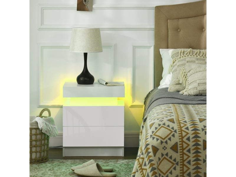  Table de chevet table de nuit lumière led rvb panneau haute brillance avec 2 tiroirs pour chambre salon à coucher blanc  - Conforama D
