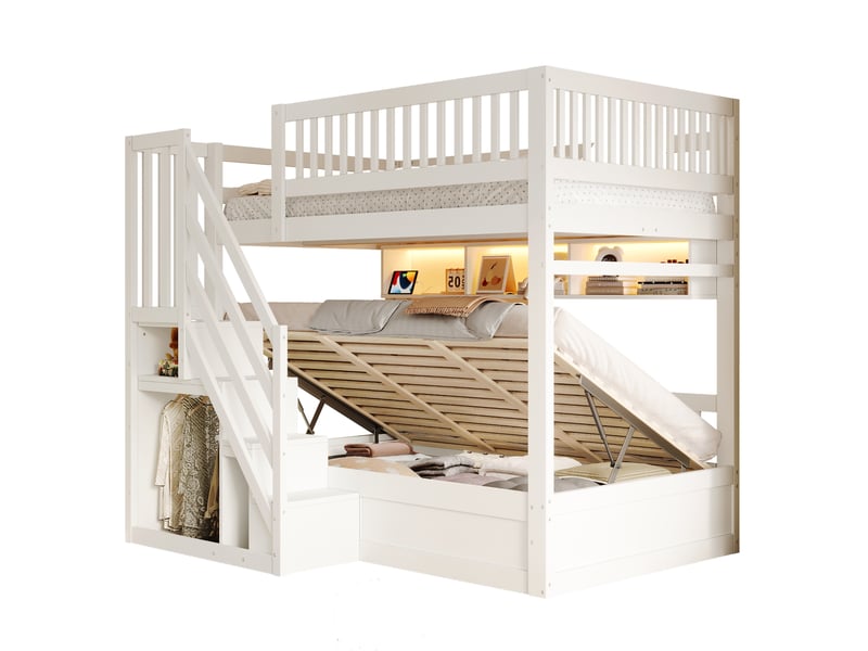  Lit mezzanine coffre 140 x 200 cm avec escalier de rangement, lit enfant coffre hydraulique, étagère, led, prises et barrières, en bois blanc  - Conforama A