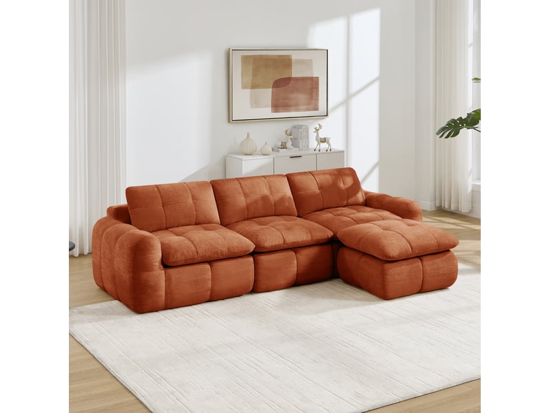  Canapé d'angle modulaire 3 places sans cadre avec pouf, mousse haute densité 32d, en chenille orange  - Conforama E