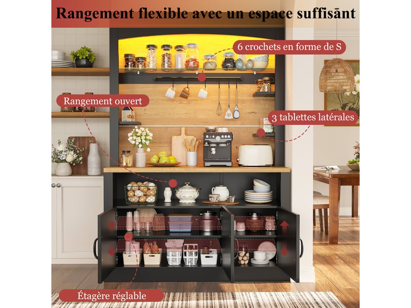 Lot de 2 buffets de cuisine 203 x 40 x 174 cm avec plan de travail, éclairage led, étagères réglables, 12 crochets et 6 tablettes latérales, noir - Conforama D
