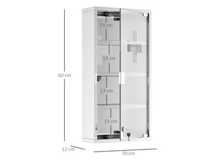Armoire à pharmacie murale verrouillable en acier inoxydable et verre dépoli 30 x 12 x 60 cm – boîte de premiers secours sécurisée à clé avec ouverture push-to-open pour salle de bain