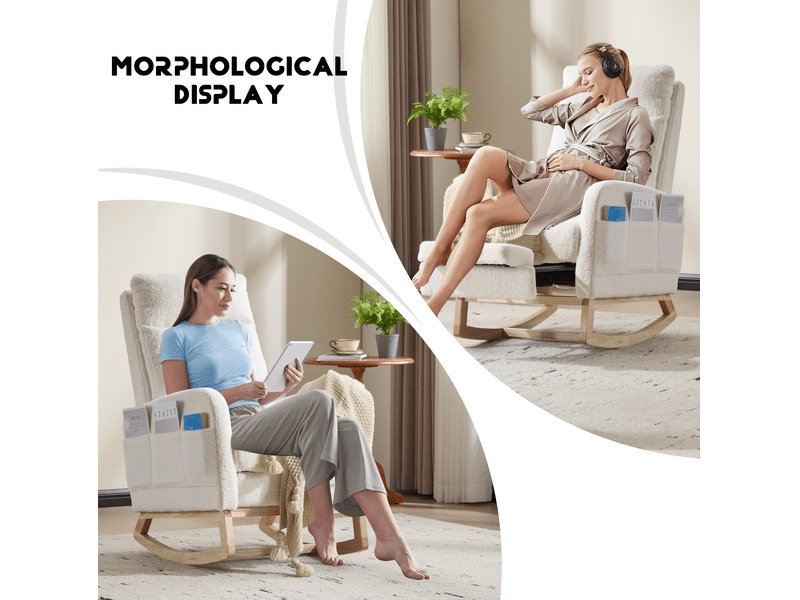 Fauteuil à bascule à dossier haut avec poche latérale et repose-pieds en polaire blanche, 75 × 63 × 104 cm  - Conforama D