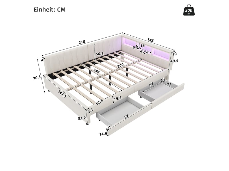  Lit de jour 140x200 canapé-lit en lin beige avec led, ports usb et type-c  - Conforama C