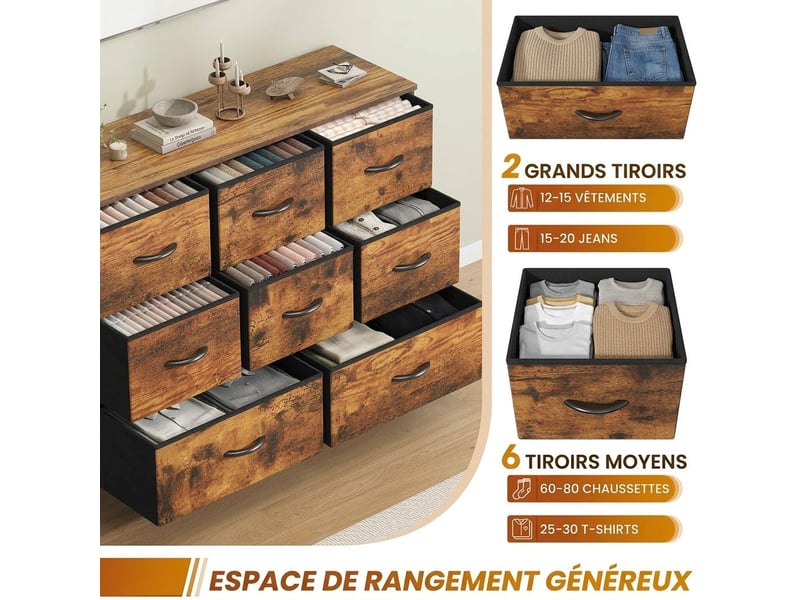  Chiffonnier meuble 100x30x76 cm huit tiroirs tissu marron rustique et metal noir chambre  - Conforama D