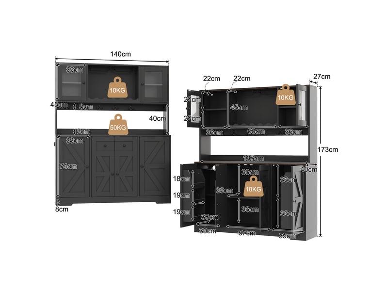  Buffet de cuisine - 140x40x173 cm - avec éclairage led, station de charge, portes façon grange et range-bouteilles - noir  - Conforama E