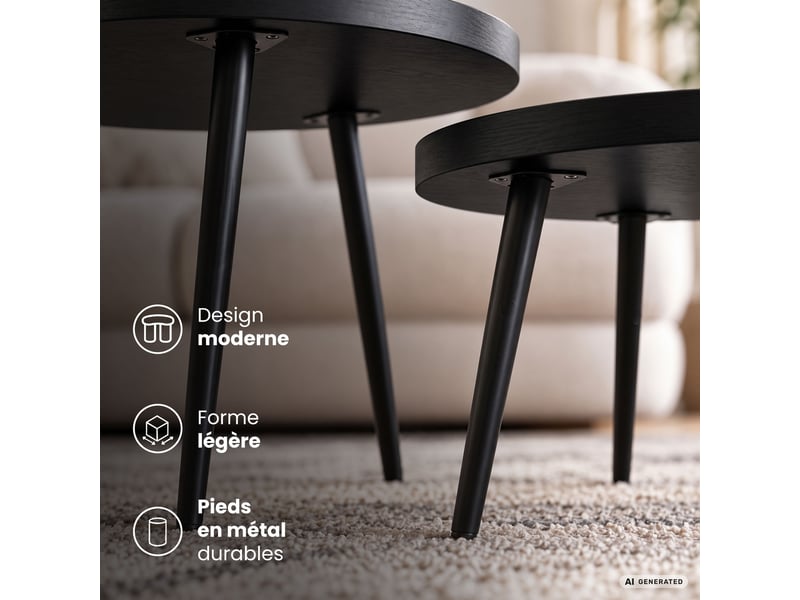  Lot de 2 tables basses twino noires 52 cm rondes pieds noirs 52x52x45 cm et 38x38x38 cm TWINO - Conforama E