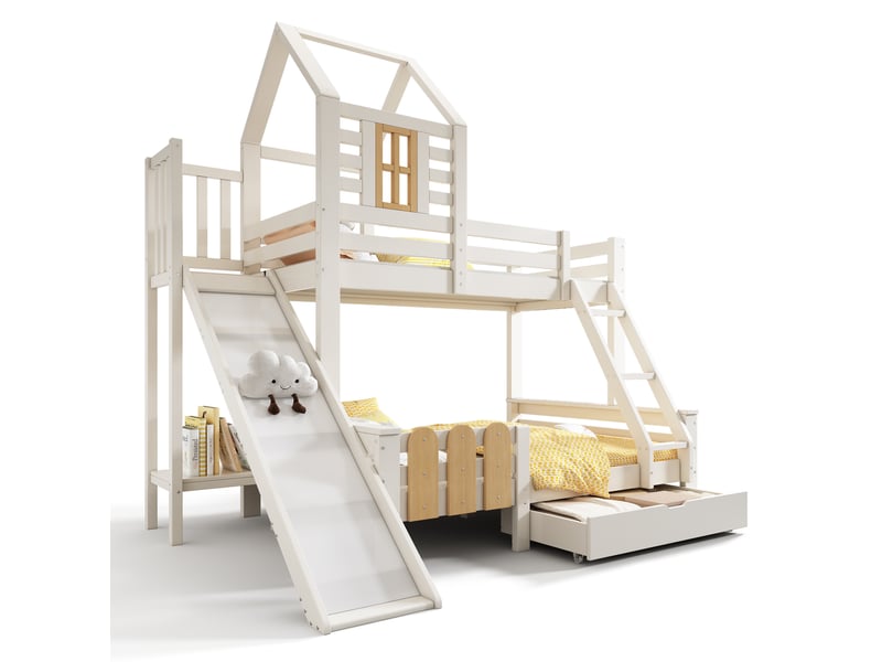 Lit superposé cabane 90140x200 cm avec toboggan et tiroir, blanc et bois IKSETERA TRADING LTD - Conforama A