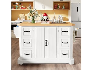 Desserte de cuisine mobile 142x45x91 cm blanche avec 2 portes et 6 tiroirs