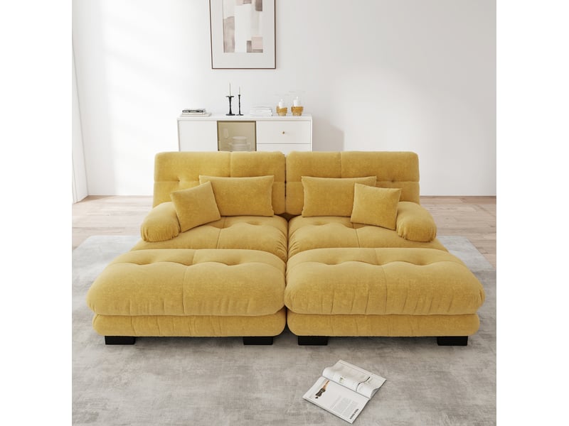  Canapé d'angle ulevr modulable 2 places avec 2 ottomans, chenille jaune, 220 x 145 x 81 cm  - Conforama B