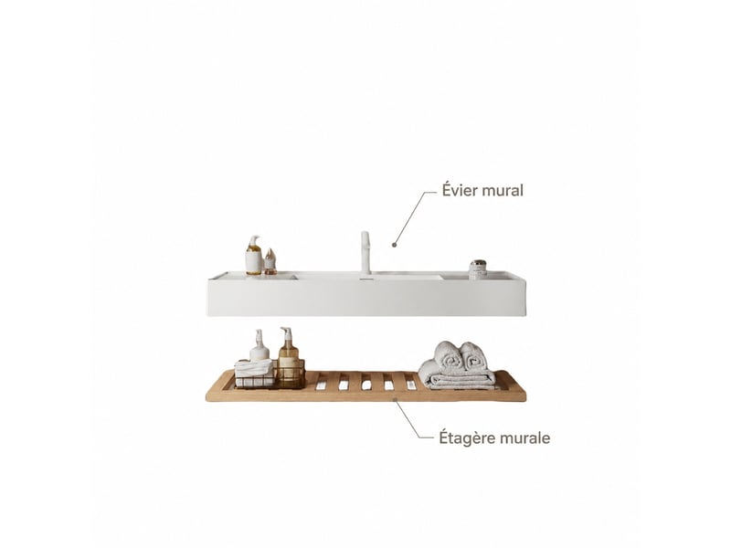  Meuble vasque suspendu 120 cm, vasque rectangulaire intégrée en résine blanche, blanc et bois naturel  - Conforama E