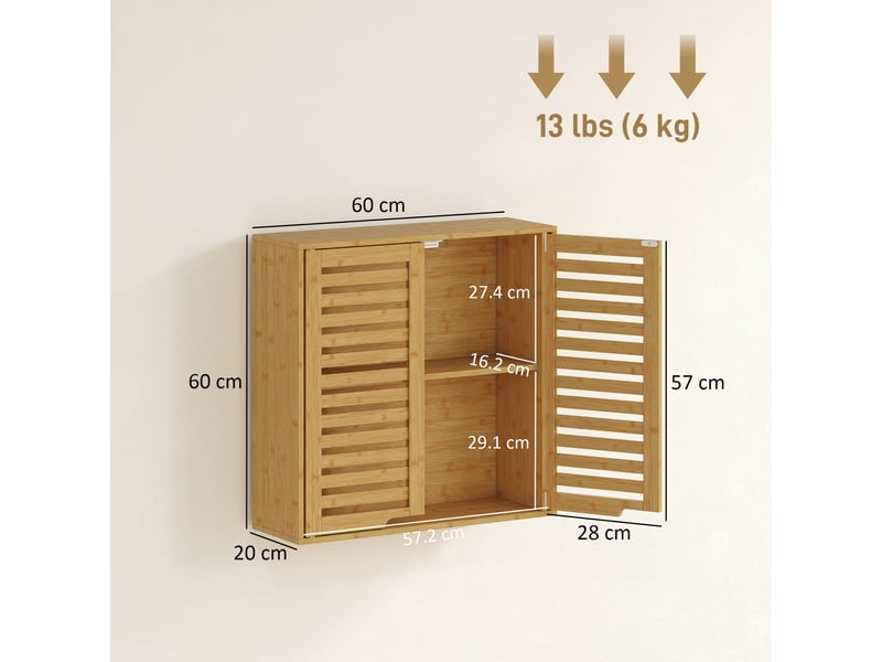  Armoire murale de salle de bain en bambou, portes persiennées, étagère réglable, 60 x 20 x 60 cm  - Conforama E
