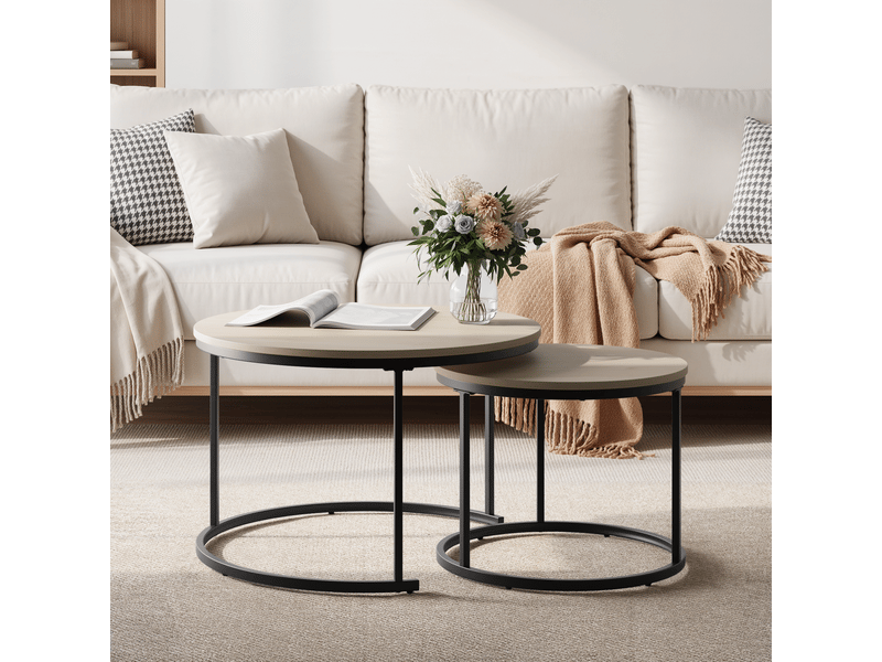  Set de 2 tables basses gigognes rondes effet chêne, ø 70 cm, pieds métal, style moderne  - Conforama B