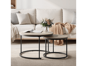 Set de 2 tables basses gigognes rondes effet chêne, ø 70 cm, pieds métal, style moderne