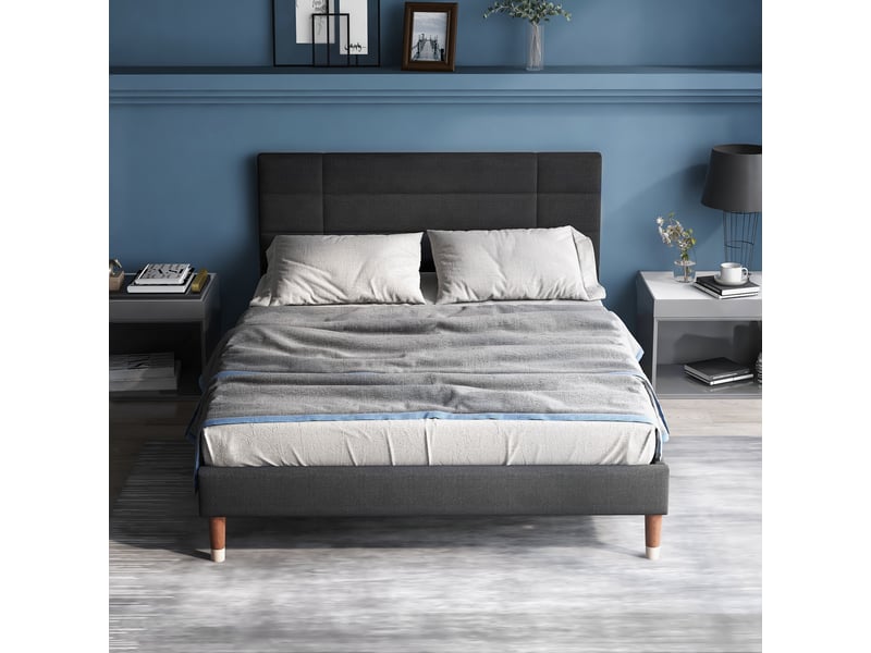  Lit double 140x200cm avec sommier à lattes, cadre de lit rembourré avec tête de lit, en lin gris foncé, pour adulte et adolescents  - Conforama W