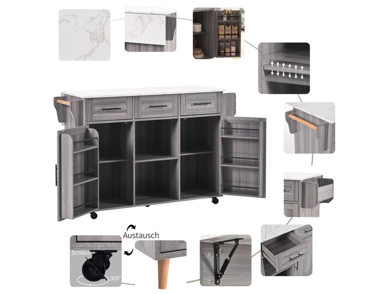  Desserte de cuisine 139 x 46 x 91,5 cm grise en mdf, plateau pliant, 3 tiroirs et roulettes verrouillables  - Conforama A