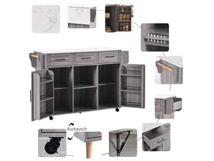Desserte de cuisine 139 x 46 x 91,5 cm grise en mdf, plateau pliant, 3 tiroirs et roulettes verrouillables