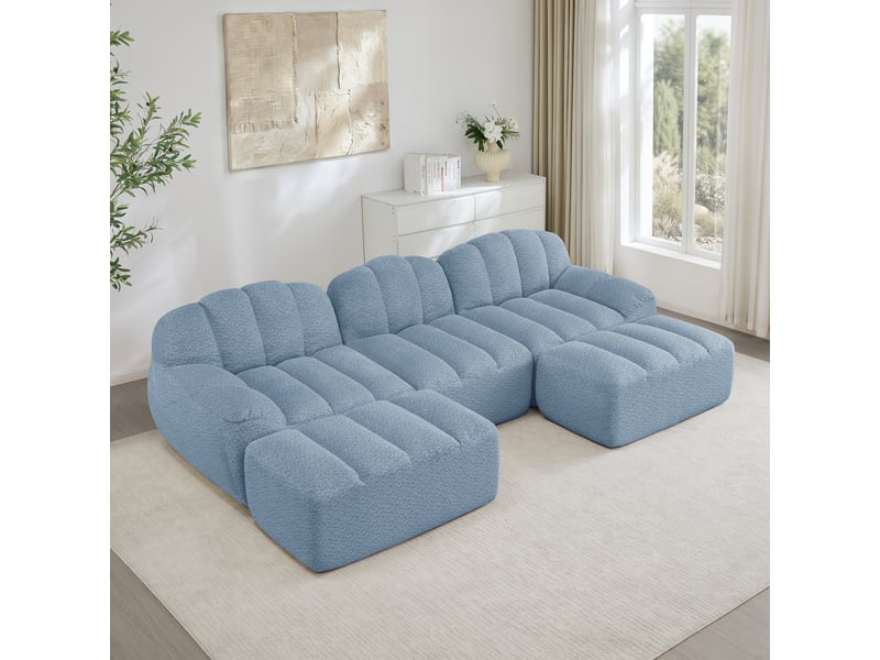  Canapé modulable 3 places bleu, canapé panoramique en u avec 2 ottomans, tissu granuleux doux pour salon moderne  - Conforama B