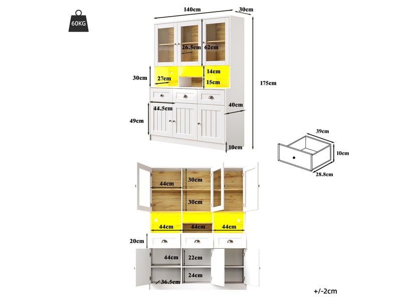  Buffet de cuisine - buffet haut avec éclairage led et portes acryliques - 3 tiroirs, étagères réglables 140x40x175 cm - blancnoir  - Conforama E