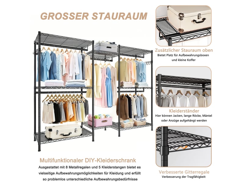  Porte-manteau noir - grand dressing ouvert en métal avec 8 étagères et 5 barres de penderie réglables  - Conforama E