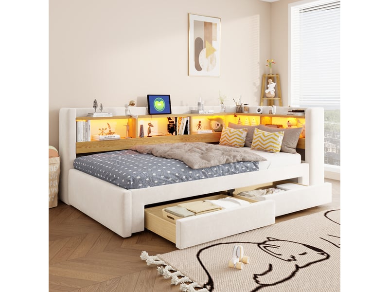  Canapé-lit 90x200 cm – avec lit gigogne – avec 2 tiroirs – avec éclairage led – avec prise électrique – beige (matelas non inclus)  - Conforama D