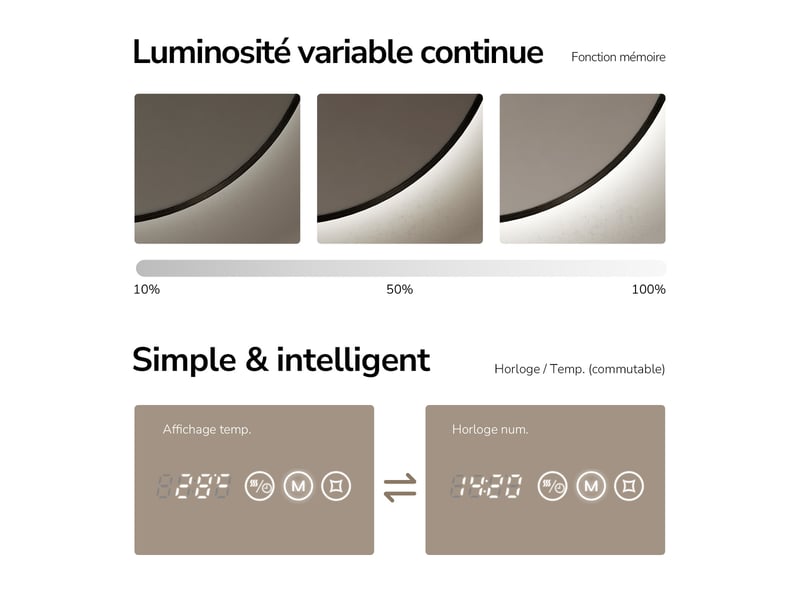  Emke miroir de salle de bain led rond 70x70 cm cadre noir, anti-buée, horloge, tactile, température de couleur et luminosité réglables  - Conforama D