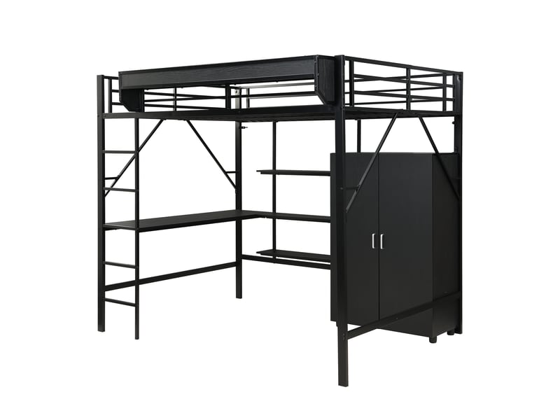  Lit mezzanine noir avec rangement et bureau intégré, sommier inclus  - Conforama D
