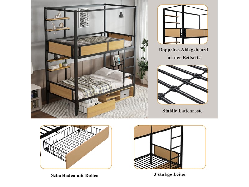  Lit superposé enfant 90x200 cm – noir et naturel – rangements bas avec tiroir sur roulettes – sans matelas  - Conforama E