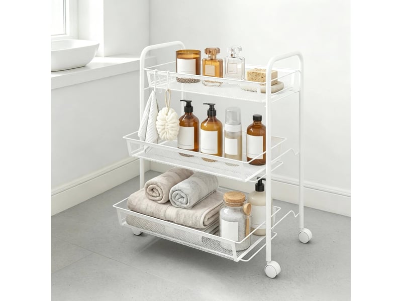  Desserte de rangement 3 niveaux 45 x 26,5 x 63 cm blanc en acier, paniers et roulettes verrouillables  - Conforama B