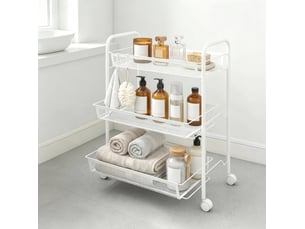 Desserte de rangement 3 niveaux 45 x 26,5 x 63 cm blanc en acier, paniers et roulettes verrouillables