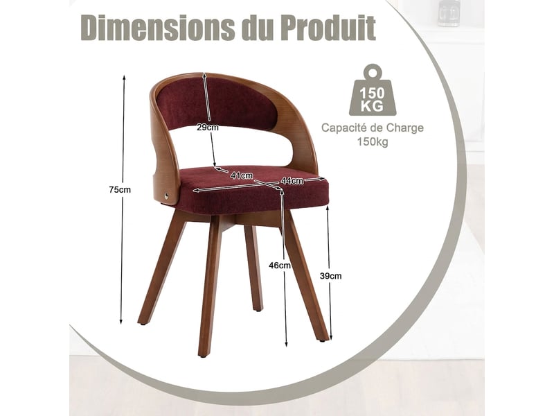  Lot de 2 chaises de salle à manger pivotantes en lin rouge vin avec pieds en bois massif  - Conforama C