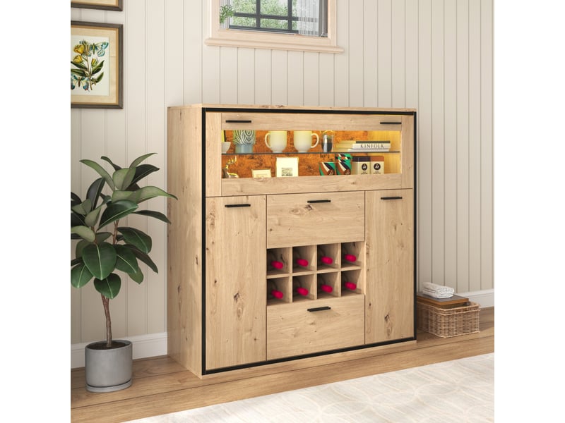  Buffet élégant avec portes doubles, étagères en verre et casier à vin - rangement parfait, bois  - Conforama B