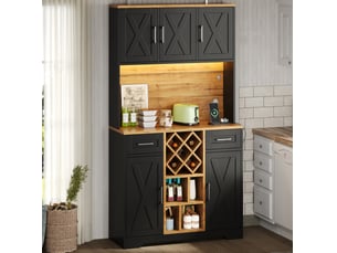 Buffet haut de cuisine 105 x 40 x 180 cm – naturel et noir – led rgb, prises usb et casier à vin amovible