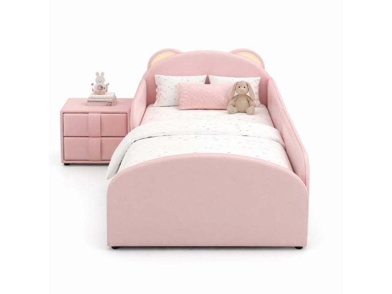 Lit enfant rembourré rose 90 x 200 cm avec tête de lit ours et table de chevet  - Conforama A