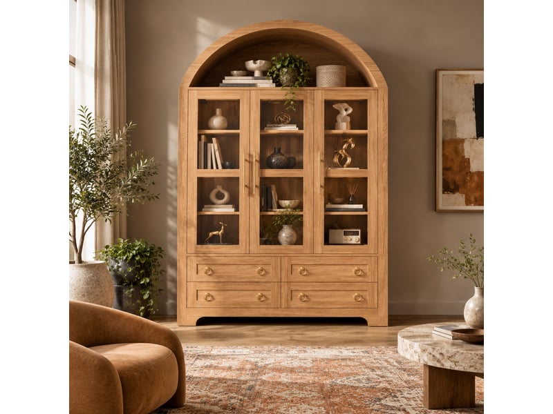 Buffet haut 3 portes vitrées et 4 tiroirs en mdf bois clair, avec niche en arche ouverte pour votre intérieur - Conforama B