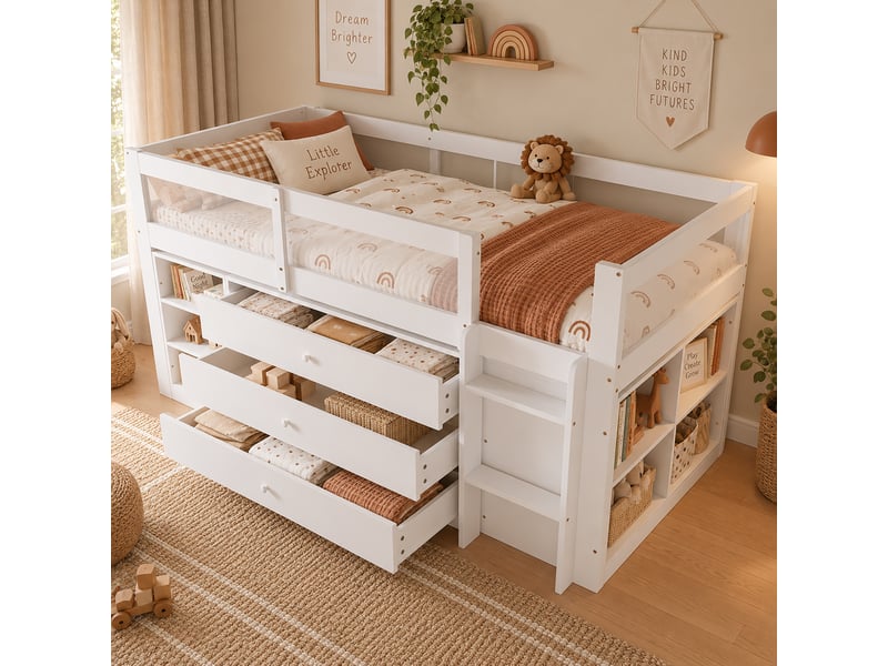  Lit enfant semi-haut 90x200 cm avec rangements et tiroirs, coloris blanc  - Conforama B