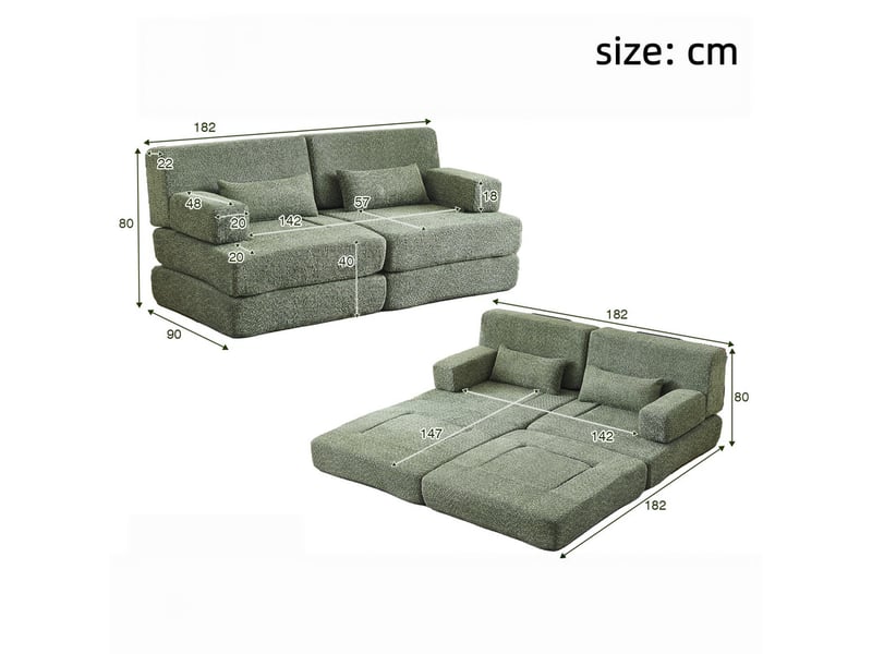  Canapé droit, convertible 2 en 1, sofa modulaire en velours chenille, avec armature métallique, dossier réglable, 4 places, 80 x 90 x 182 cm, vert  - Conforama C