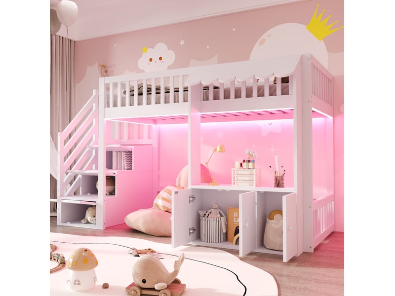  Lit mezzanine 90x200 cm avec escalier de rangement et éclairage led  - Conforama C