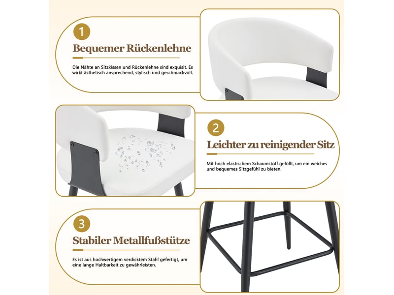  Tabouret de bar lot de 2 avec dossier ergonomique, repose-pieds et structure en métal et pu blanc  - Conforama E