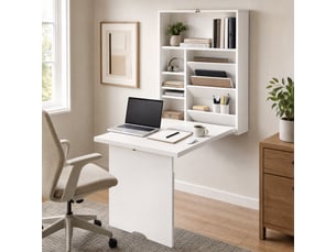 Bureau pliable mural, table murale pliante avec étagères pour salon, salle à manger, bureau, 93,8 x 60 x 147 cm, blanc