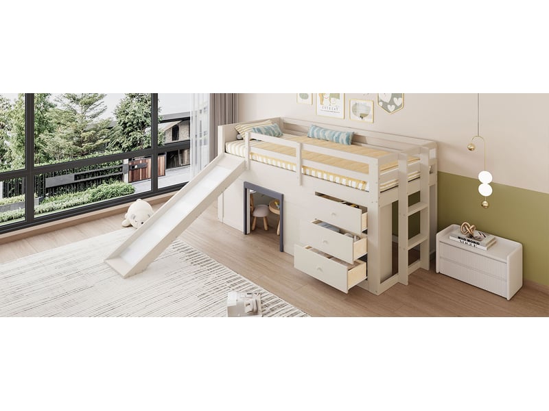  Lit enfant surélevé 90 × 200 cm, toboggan, 3 tiroirs et 2 portes, crème  - Conforama B