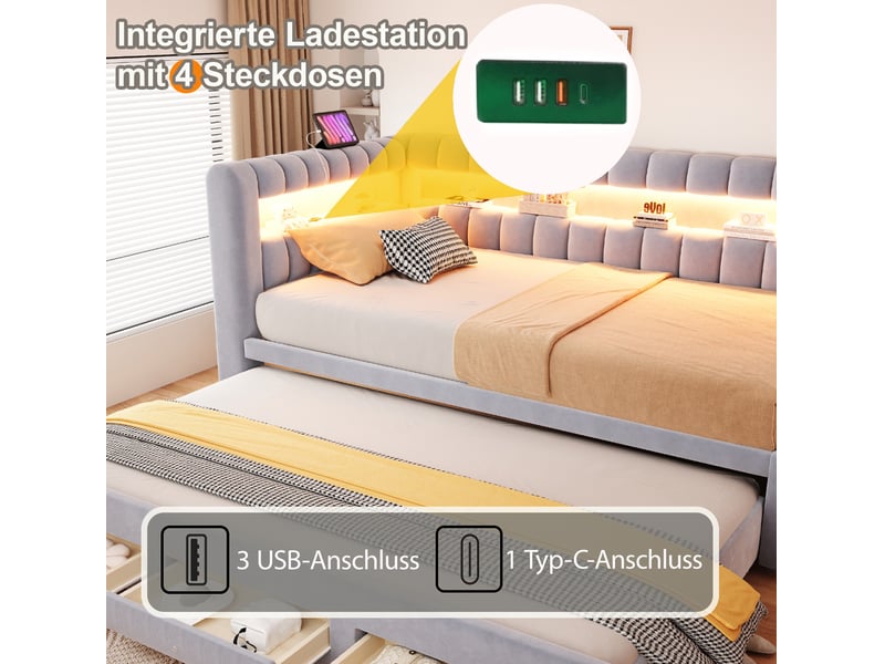  Lit banquette tcqpz 90 x 190 cm gigogne avec tiroirs led usb-c velours gris clair  - Conforama C