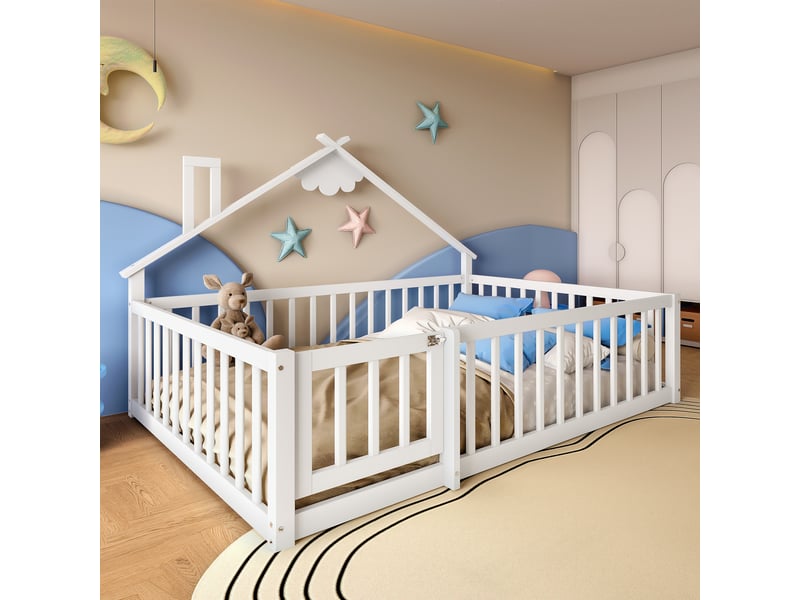  Lit enfant 140x190 cm, forme de maison, garde-corps, sommier, pin blanc, sans matelas  - Conforama B