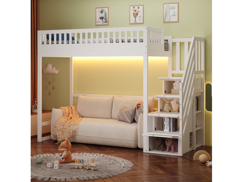  Lit mezzanine enfant 90x200 cm avec led, lit simple, barrière et escalier de rangement, en bois, blanc, sans matelas  - Conforama B