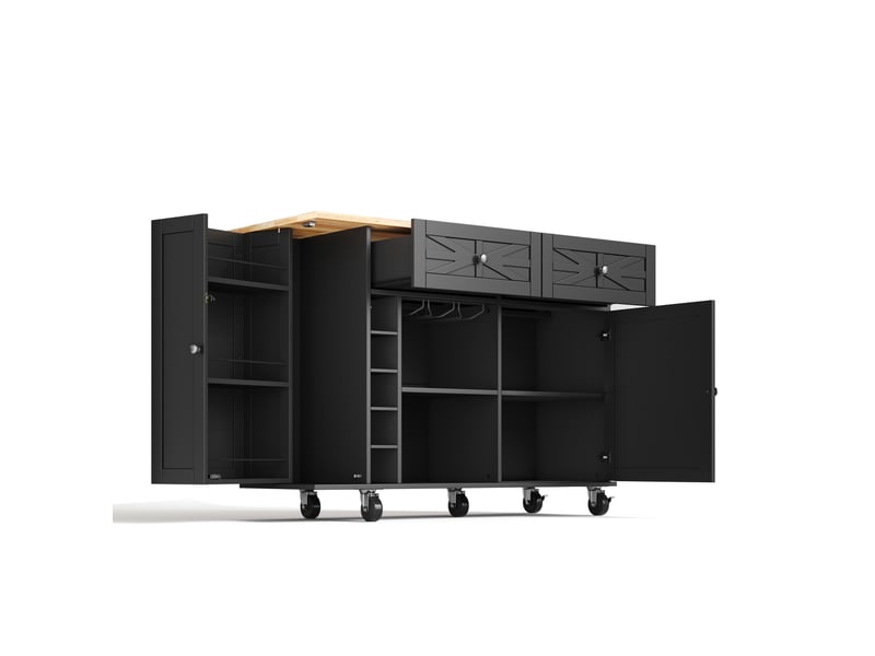 Desserte de cuisine 120 x 45 à 70 x 89 cm noire en mdf, plateau rabattable, rangements sur roulettes  - Conforama E