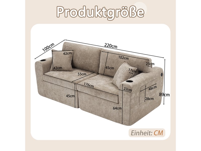  Canapé droit 2 places avec ports usb, poches latérales et porte-gobelets  - coussins chenille marron  - Conforama D